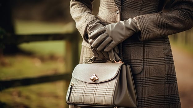 Fashion, accessory and style, autumn winter womenswear clothing collection, woman wearing elegant clothes, gloves and handbag, English countryside look inspiration