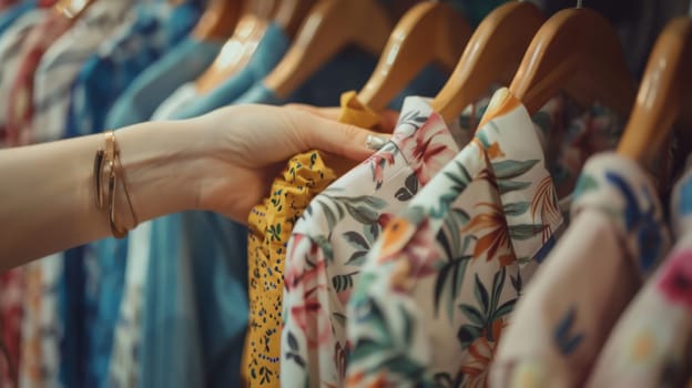 A female hands choosing clothes in a clothing store, Summer outfit.