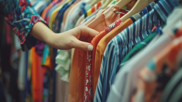 A female hands choosing clothes in a clothing store, Summer outfit.