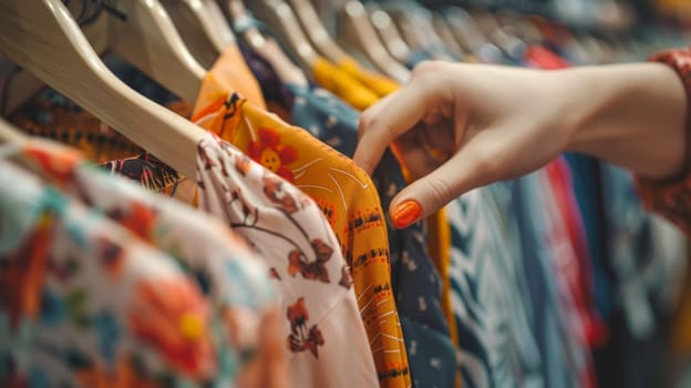 A female hands choosing clothes in a clothing store, Summer outfit.