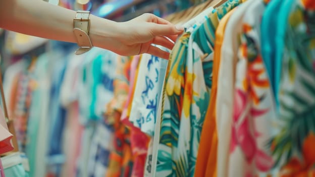 A female hands choosing clothes in a clothing store, Summer outfit.