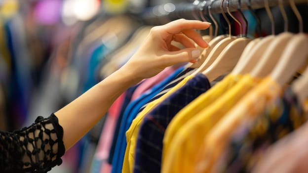 A female hands choosing clothes in a clothing store, Summer outfit.