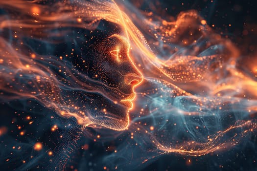 Glowing streams of information in motion with the contour of a woman's face. Concept of AI technology, digital communication, science research.