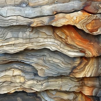 Detailed closeup of a stack of rocks revealing various layers including brown limestone, wood formation, bedrock outcrop, and tree trunk imprints