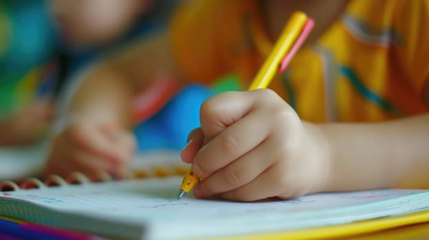 Close up of smart diverse children hand writing classwork at classroom. Attractive elementary student taking a note or doing homework while camera focus on learner holding pencil. Creative. AIG42.