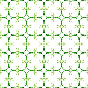 Textile ready delightful print, swimwear fabric, wallpaper, wrapping. Green mesmeric boho chic summer design. Hand painted tiled watercolor border. Tiled watercolor background.
