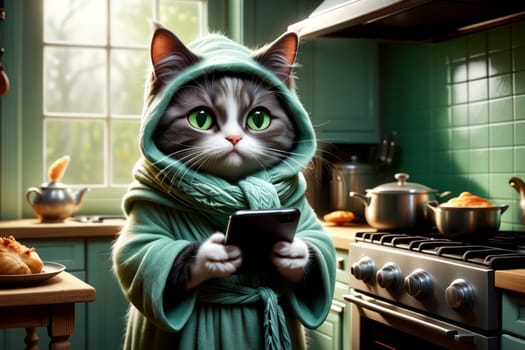 cute cat in a bathrobe reads recipes on the phone, prepares food .