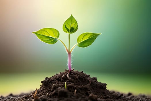 plant growing in a handful of earth, isolated on a green background .