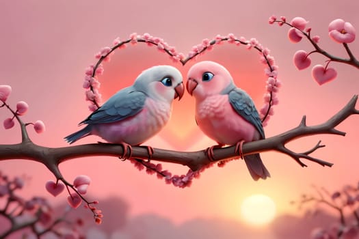 parrots in love hugging on a branch, Valentine's Day, greeting card .