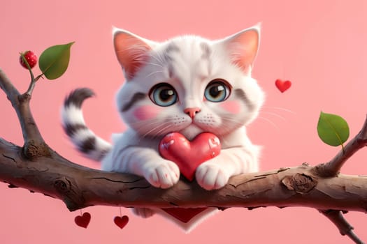 cute cat in love sitting on a tree branch with a heart .