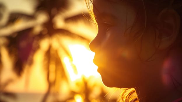 The woman gazes at the sunset with palm trees silhouetted against the fiery sky, creating a mesmerizing event of tints and shades in the darkness AIG50