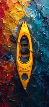A boat, specifically a yellow kayak with oars, is peacefully gliding on the electric blue water surface, creating a stunning artistic recreation scene in the synthetic rubber landscape