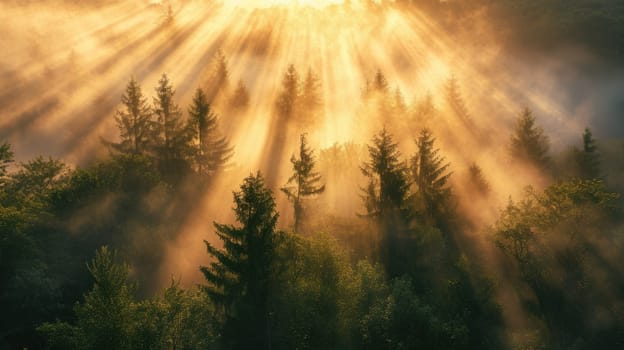 Misty Forest Sunrise. Golden sunrise rays filter through the mist in a dense forest. Resplendent.
