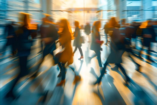 A blurry image of a crowd of people walking down a street. The people are carrying handbags and backpacks, and some are wearing red. Scene is busy and bustling, with people moving quickly. Generative AI