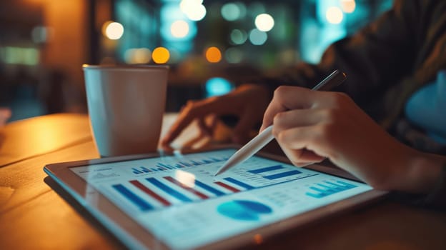 Close up of customer using tablet analyzing financial data at coffee shop. Businessman pointing and tapping at tablet display financial statistic surrounded with cafeteria. Blurred background. AIG42.