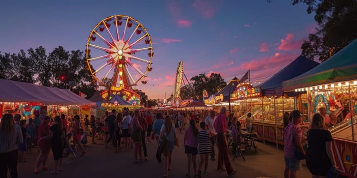 A lively carnival at dusk, Ferris wheel lights against the twilight sky, happy faces of families enjoying rides and games. Resplendent.