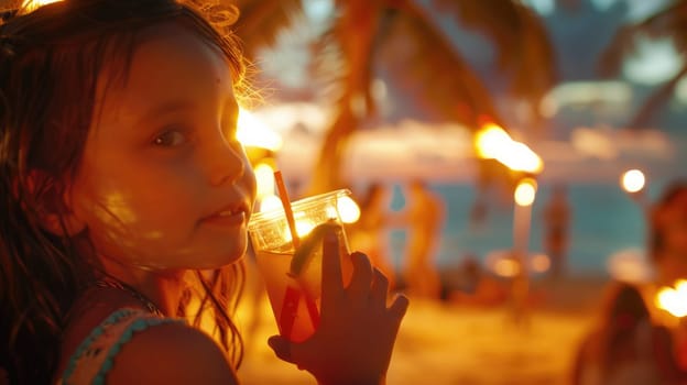 A little girl is holding a lit candle on the beach, under the starry sky during a happy event. The scene is reminiscent of fun travels and classic cocktails like aguas frescas in a martini glass AIG50