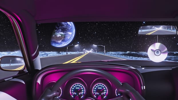 3d render view from inside a car on the highway of the moon overlooking outer space with planet earth in 4k