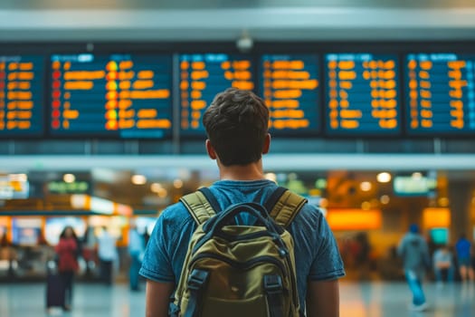 A man with a backpack is standing in front of a large airport terminal. He is looking at the large electronic board displaying flight information. Generative AI