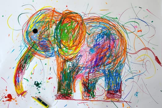 The hand drawing colourful picture of the elephant that has been drawn by the colored pencil, crayon or chalk on white blank background that seem to be drawn by the child that willing to draw. AIGX01.