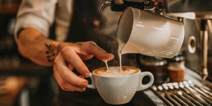 Photography of professional barista making a latte art at cozy coffee shop while pouring milk in coffee cup. Close up of skilled waiter standing behind the counter while preparing hot coffee. AIG42.