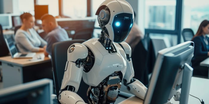 A humanoid robot with advanced features is seated at a desk, engaging in tasks alongside human colleagues in a modern office setting. AIG41