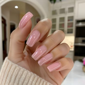 A closeup of a womans hand showcasing long pink nails, a gesture of nail care and manicure service using cosmetics and nail polish on her fingers and thumb