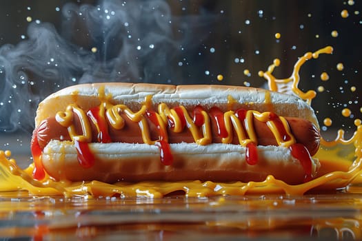 Close-up of a hot dog with a splash of mustard and smoke in the background.