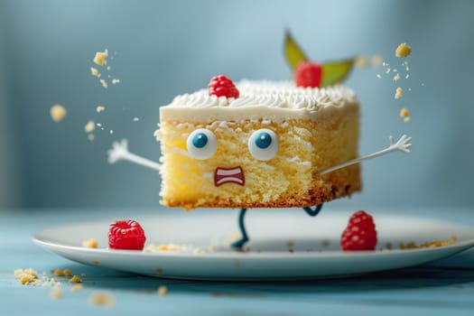A piece of cake with a funny face, arms and legs runs off the plate. Cartoon character of a piece of cake. Cartoon 3D style. Sweets, baking, holiday concept.