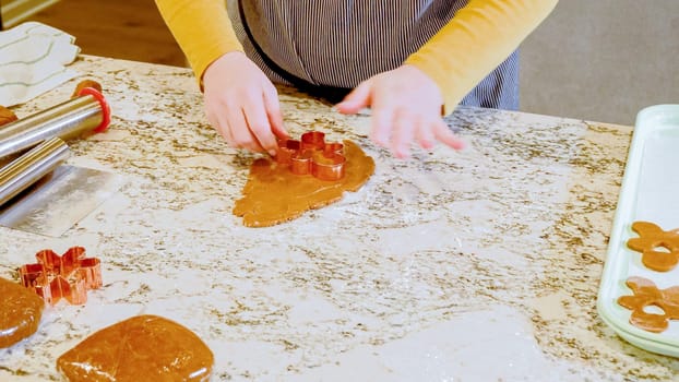 Using various festive cookie cutters, we're cutting out charming gingerbread cookies from the rolled dough on the sleek marble counter, bringing holiday cheer to the modern kitchen.