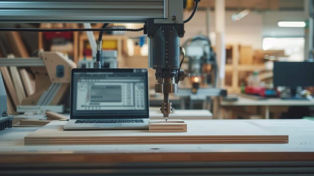 A man operates an engineering machine to cut a piece of hardwood, demonstrating the art of woodworking. AIG41