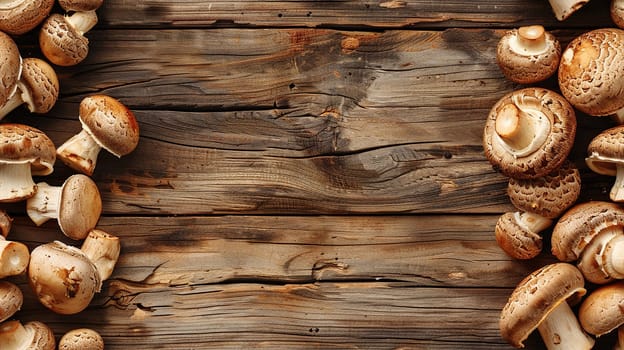 Top view of fresh champignon mushrooms on a wooden surface with space for text.