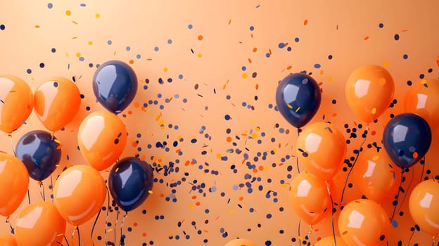 A vivid display of orange and blue balloons with confetti on a shimmering amber liquid background, resembling a closeup of an organism in a circle formation
