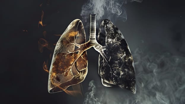 A closeup macro photography shot capturing a persons lungs with smoke coming out of them. The image is a mix of art and science, highlighting the dark impact of smoking on the body