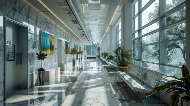The great long hallway inside the architecture that similar to the hospital with the green tree and the white bench that stay on the white marble floor that reflect light in the bright day. AIGX03.