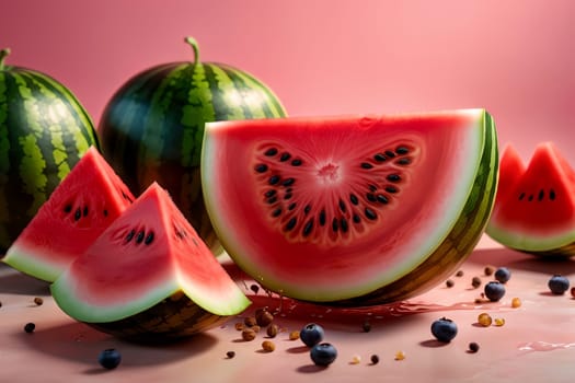 juicy ripe watermelon, splash of juice, isolated on pink background .