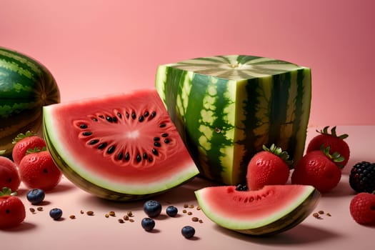 juicy ripe watermelon, splash of juice, isolated on pink background .