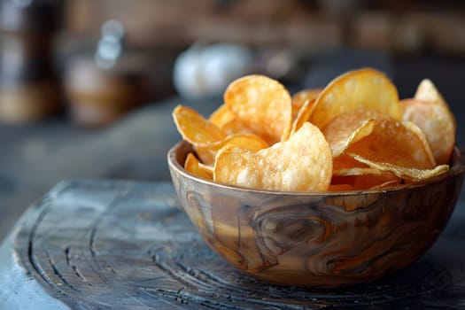A wooden bowl filled with potato chips, a staple food made from potatoes, on a rustic wooden table. Perfect for snacking or as a side dish