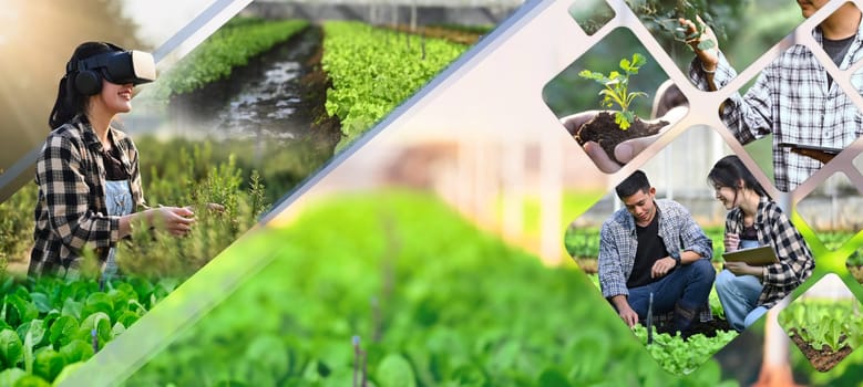 Smart farming and Innovation agricultural Concepts. Farmer wearing VR headset for controlling process in cultivation.