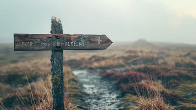 A wooden sign with a cross symbol and religious font, pointing right in a field under a sky. It blends art with natural landscape, resembling a twig in a cemetery AIG50