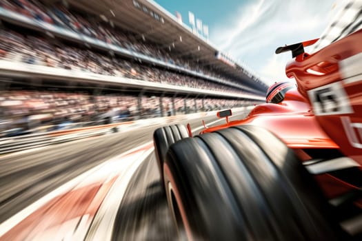 Racing car moving at high speed along racetrack with high speed and smoke. Racing car, propelled by the immense power of engine, hurtles down racetrack with incredible slicing through the air. AIG42.