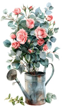 A creative floral arrangement featuring pink roses and eucalyptus leaves in a watering can, perfect for any flower enthusiast