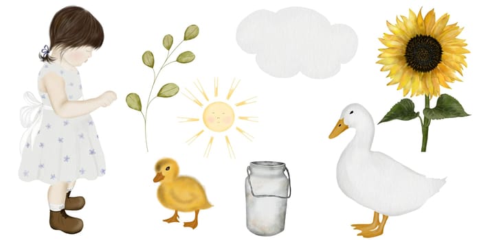 Rustic cute watercolor set. Isolated hand drawings of girl, duck, duckling, sun and cloud on white background. Farm illustrations of can, branch and sunflower. For the design of children's educational cards, posters and postcards. High quality illustration