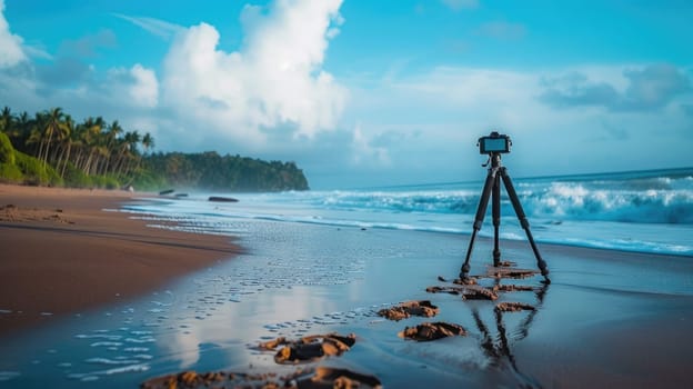 A camera is perched on a tripod, capturing the fluidity of water meeting the sky at the beach. Clouds dance across the horizon, creating a stunning landscape against the backdrop of this serene event AIG50