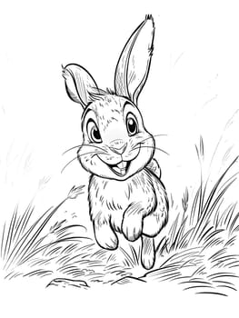 A cartoon rabbit with long ears and a jaw dropped in a gesture of surprise, running through the grass. An artistic portrayal of this organism in black and white