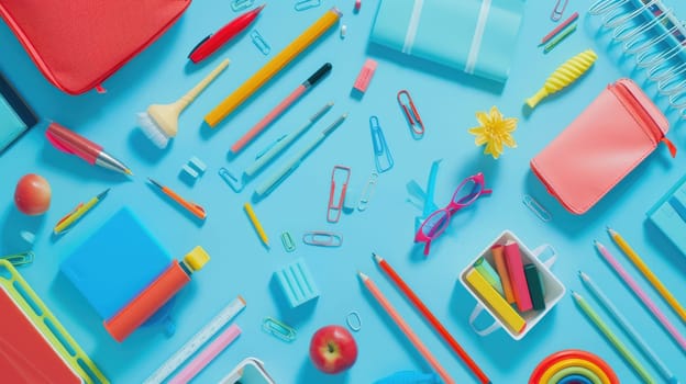 A variety of school supplies are arranged on a blue background. AIG51A.