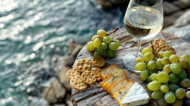A wooden table displaying a delicious recipe with ingredients such as cheese, grapes, crackers, and a glass of wine. A natural foods dish showcasing the beauty of plantbased cuisine AIG50