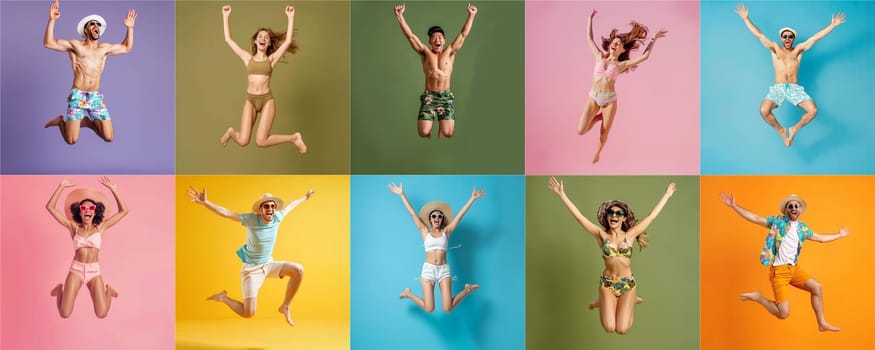 Summer people collection set, diverse people jumping on colorful background, many people funny jump wearing summer outfit fashion ready for swim and summer activity, summertime, beachwear AIG48
