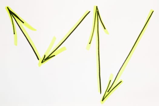 Vibrant neon green broken curve arrow drawn by hand on white background. Concept of movement, growth, decline, change, decline and achievements in business