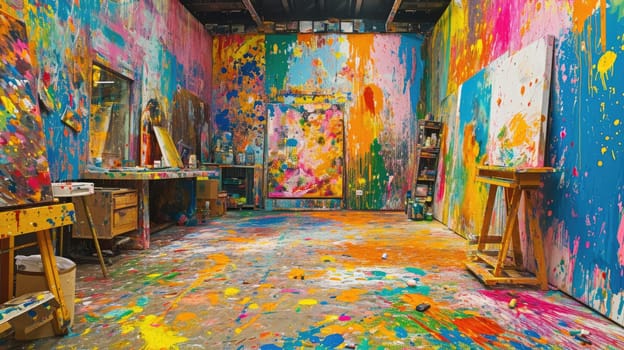 An artist's studio in full creative chaos, paint splattered everywhere, canvases in various stages of completion, vibrant colors clashing and blending. Resplendent.